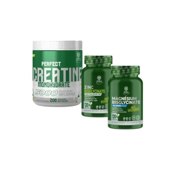 PACK Creatine Monohydrate 200 G Perfect + Zinc Bisglycinate 120 Caps + Magnesium Bisglycinate 120 Caps
