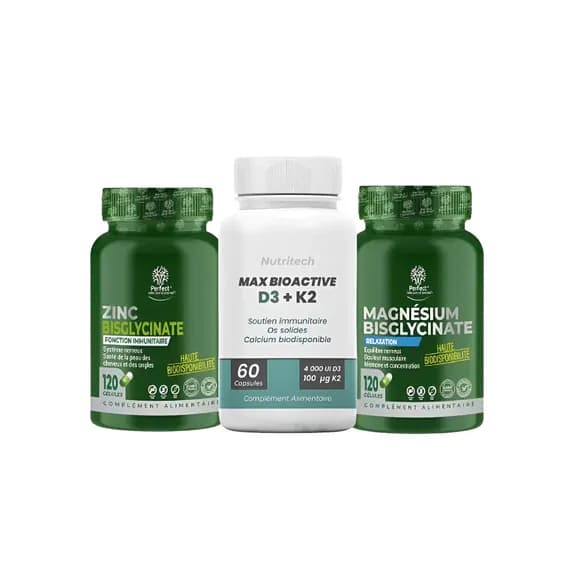 Vitamine D3 K2 60 Capsules Tunisie nutritech +Magnésium Bisglycinate – 120 capsules perfect +Zinc Bisglycinate – 120 capsules perfect